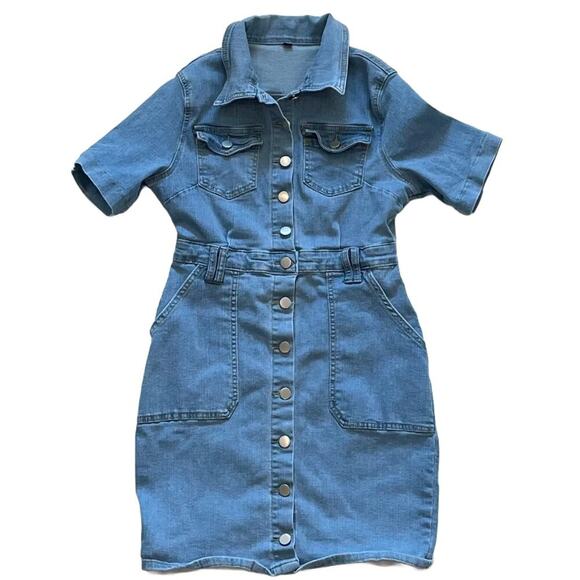Short Sleeve Light Wash/Rinse Denim Button Down Mini Shirt Dress Belt Loops S - Picture 4 of 13
